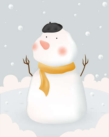 Snowman and Winter landscape with paper art style and pastel color scheme vector illustrationのイラスト素材