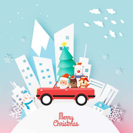 Santa claus and gang of animal with beautiful background in paper art and pastel schenmeのイラスト素材