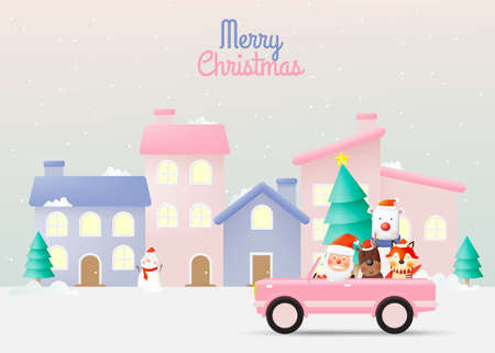Santa claus and gang of animal party with very cute character design and pastel schenmeのイラスト素材