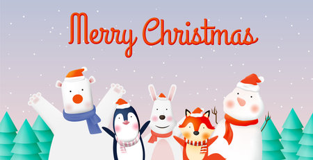 Gang of animal party with very cute character design in pastel schenme to celebrate and merry christmasのイラスト素材