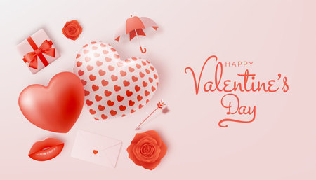 Happy Valentine's day background with cute and lovely 3d art style vector illustrationのイラスト素材