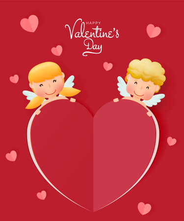 Happy Valentine's day with cute cupid and 3d art style vector illustrationのイラスト素材