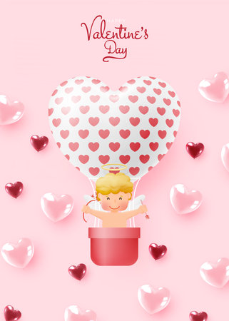 Happy Valentine's day with cute cupid and 3d art style vector illustrationのイラスト素材