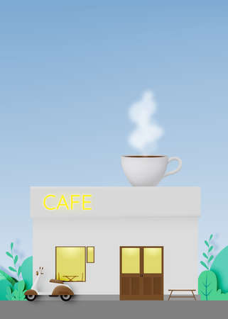 Coffee shop in modern minimal style store with scooter in front of shop vector illustrationのイラスト素材