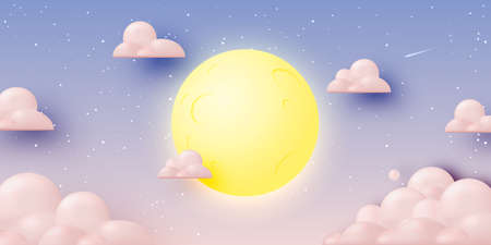 Full moon with starry night background in paper 3d art style and pastel color scheme vector illustrationのイラスト素材