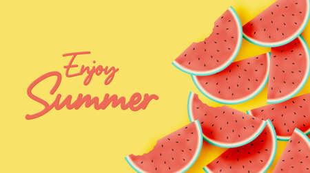 Hello summer with watermelon  in cute 3d art style and pastel color scheme background vector...
