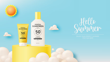 Protection cosmetic products design,sunscreen and sunbath cosmetic products design face and body lotion,moisturizer cream, liquid. drawn elements in pastel colorのイラスト素材
