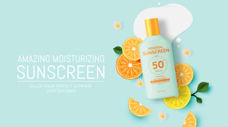 Protection cosmetic products design,sunscreen and sunbath cosmetic products design face and body lotion,moisturizer cream, liquid. drawn elements in pastel colorのイラスト素材