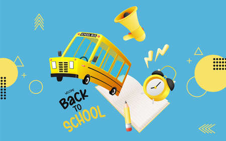 School bus 3D art style with school supplies vector illustrationのイラスト素材