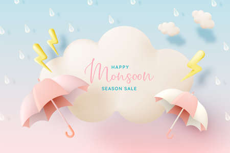Monsoon season banner sale with pastel color scheme and paper art style vector illustrationのイラスト素材