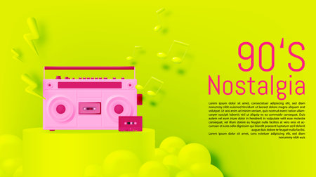 Boom box and cassette tapes in mood of 90's nostalgia realistic 90'sl color scheme vector...