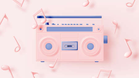 Music notes with boom box, song, melody or tune 3d realistic vector icon for musical apps and websites background vector illustrationのイラスト素材
