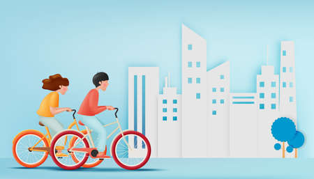 Young couple ride bicycles for world bicycle day and car free day in pastel color scheme concept art vector illustrationのイラスト素材