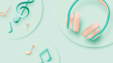 Music notes and headphones with melody or tune 3d realistic vector icon for musical apps and...