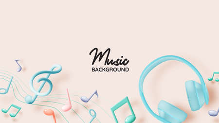 Music notes and headphones with melody or tune 3d realistic vector icon for musical apps and...