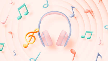 Music notes and headphones with melody or tune 3d realistic vector icon for musical apps and websites background vector illustrationのイラスト素材