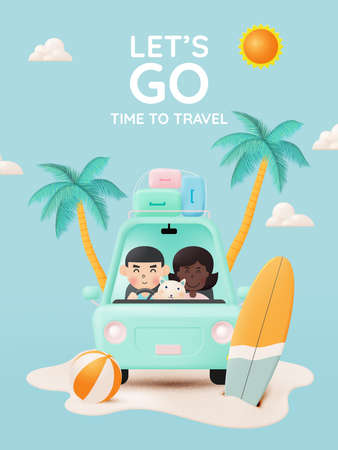 Roadtrip with car around the world and pastel color scheme background 3d realistic style vector illustrationのイラスト素材