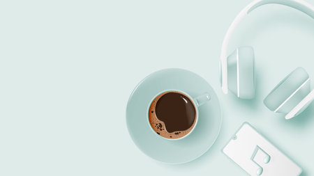 Coffee and music objects for relaxing time in 3d reailstic art vector pastel illustrationのイラスト素材
