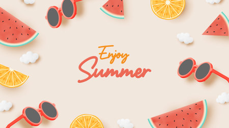 Sunglasses and Tropical fruits in cute 3d art style and pastel color scheme background vector illustrationのイラスト素材