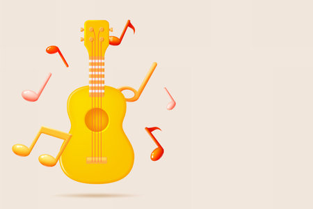 Guitar or Ukulele with Music notes, song, melody or tune 3d realistic vector icon for musical apps and websites background vector illustrationのイラスト素材
