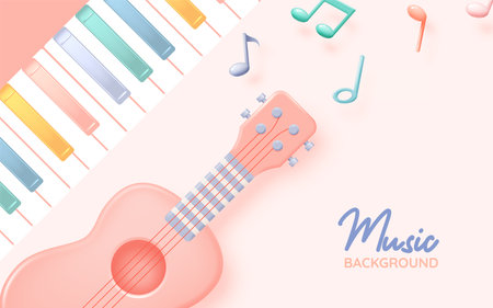 Guitar or Ukulele with Music notes, song, melody or tune 3d realistic vector icon for musical apps and websites background vector illustrationのイラスト素材