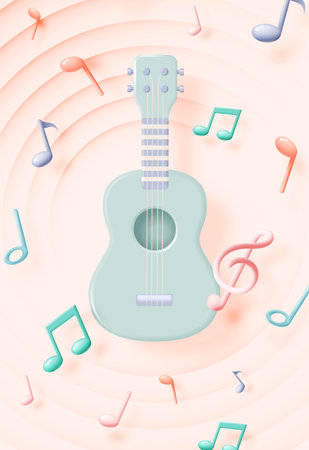 Guitar or Ukulele with Music notes, song, melody or tune 3d realistic vector icon for musical apps and websites background vector illustrationのイラスト素材