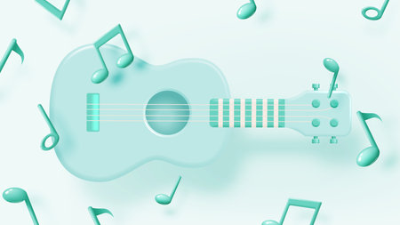 Guitar or Ukulele with Music notes, song, melody or tune 3d realistic vector icon for musical apps and websites background vector illustrationのイラスト素材