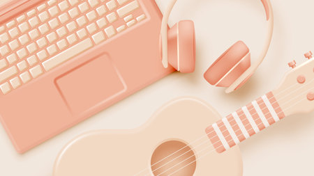 Guitar or Ukulele with Music notes, song, melody or tune 3d realistic vector icon for musical apps and websites background vector illustrationのイラスト素材