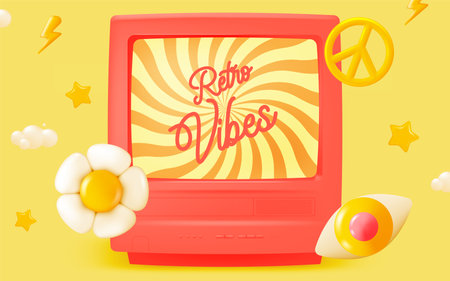 70s retro vibes icons with retro color scheme 3d realistic vector illustration setのイラスト素材