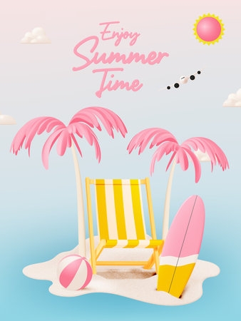 Deck chair for Summer and Beach things in 3d realistic art style with pastel color vector illustrationのイラスト素材