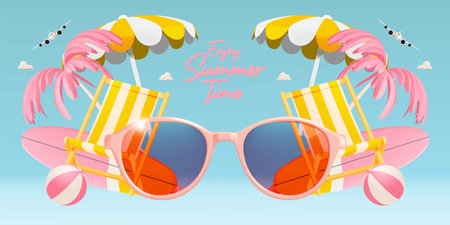 Deck chair for Summer and Beach things in 3d realistic art style with pastel color vector...