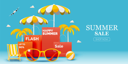 Shopping bag for summer sale banner in 3d art style and beach background  vector illustrationのイラスト素材