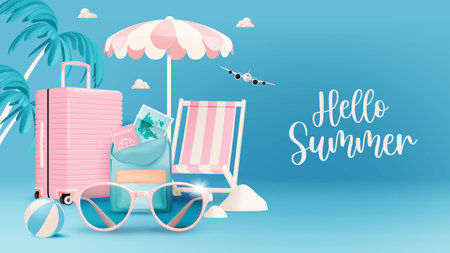 Summer and Beach things in 3d realistic art style with pastel color vector illustrationのイラスト素材