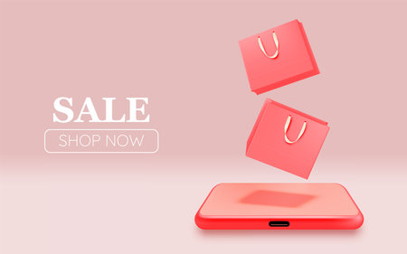 Shopping bag and mobile phone for sale banner in 3d realistic art style and pastel scheme vector illustrationのイラスト素材