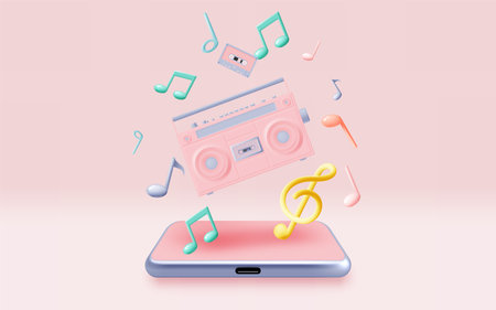 Mobile phone with Music notes, song, melody or tune 3d realistic vector icon for musical apps and websites background vector illustrationのイラスト素材