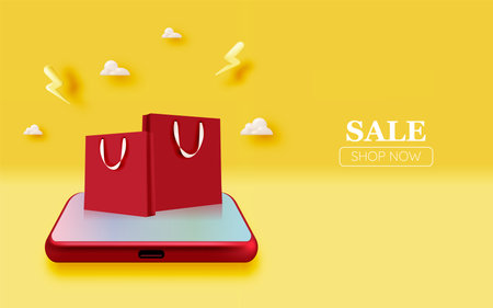 Shopping bag and mobile phone for sale banner online shopping application in 3d realistic art style and pastel scheme vector illustrationのイラスト素材