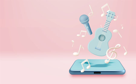 Mobile phone with Music notes, song, melody or tune 3d realistic vector icon for musical apps and websites background vector illustrationのイラスト素材