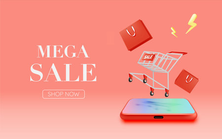 Shopping bag and mobile phone for sale banner online shopping application in 3d realistic art style and pastel scheme vector illustrationのイラスト素材