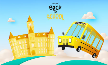 School bus 3D art style driving on the road with beautiful sky background vector illustrationのイラスト素材