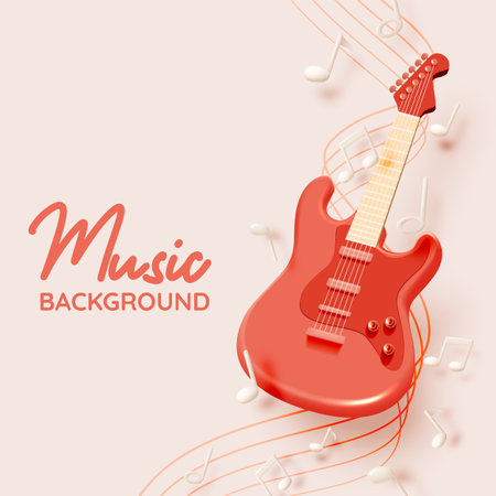 Electric guitar with Music notes, song, melody or tune 3d realistic vector icon for musical apps and websites background vector illustrationのイラスト素材