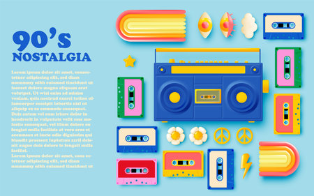 Cassette tape and boom box radio with 90's nostalgia concept theme bannner or vector illustration background in pastel colorful schemeのイラスト素材