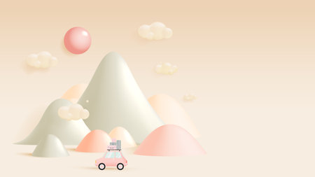Tranquil pastel mountain range with soft, stylized peaks under a dreamy sky adorned with gentle clouds, in a serene color palette, 3d vector illustrtionのイラスト素材