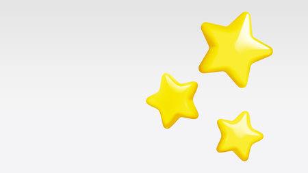 Set of three vibrant yellow stars with a glossy finish, floating on a clean white backgroundのイラスト素材