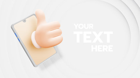 Cartoon hand with thumb up finger for like icon with mobile phone application vector illustrationのイラスト素材