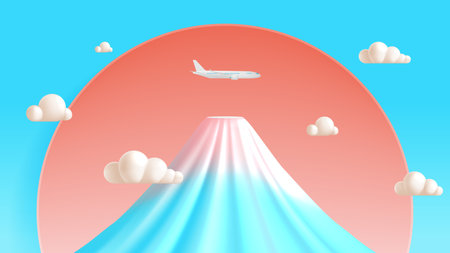 Beautiful mountain Fuji landmark of Japan with airplane 3d vector illustrationのイラスト素材