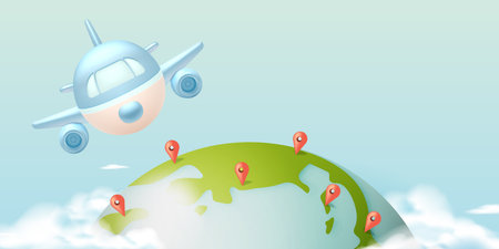 Cute Airplane flying in the sky 3d art with beautiful background vector illustrationのイラスト素材