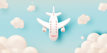Cute Airplane flying in the sky 3d art with beautiful background vector illustrationのイラスト素材