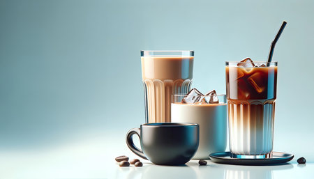 A minimalist coffee scene showcasing a hot espresso in a chic cup beside an iced coffee in a tall glass, epitomizing contemporary beverage artの素材