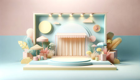 A whimsical, pastel-colored paper art installation captures the essence of summer with stylized sun, palm trees, and beach umbrellasの素材