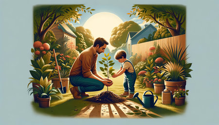 In a serene garden oasis, a father teaches his child the joys of planting, capturing a moment of shared learning and nurturing amidst a vibrant tapestry of floraの素材